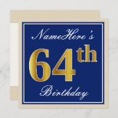 Elegant, blauw, Faux Gold 64th Birthday + naam Kaart (Voorkant / Achterkant)