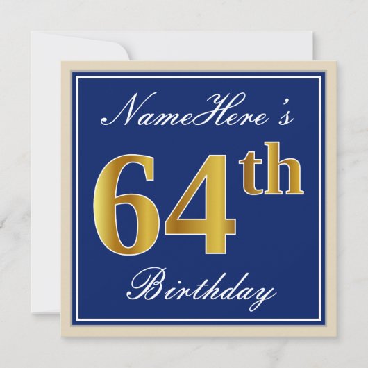 Elegant, blauw, Faux Gold 64th Birthday + naam Kaart (Voorkant)
