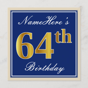 Elegant, blauw, Faux Gold 64th Birthday + naam Kaart