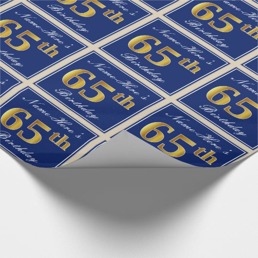 Elegant, blauw, Faux Gold 65th Birthday + naam Cadeaupapier (Hoek)