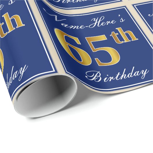 Elegant, blauw, Faux Gold 65th Birthday + naam Cadeaupapier (Rol Hoek)