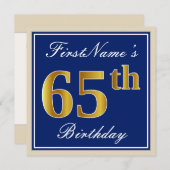 Elegant, blauw, Faux Gold 65th Birthday + naam Kaart (Voorkant / Achterkant)