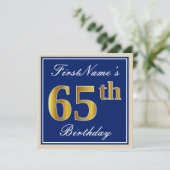 Elegant, blauw, Faux Gold 65th Birthday + naam Kaart (Staand voorkant)