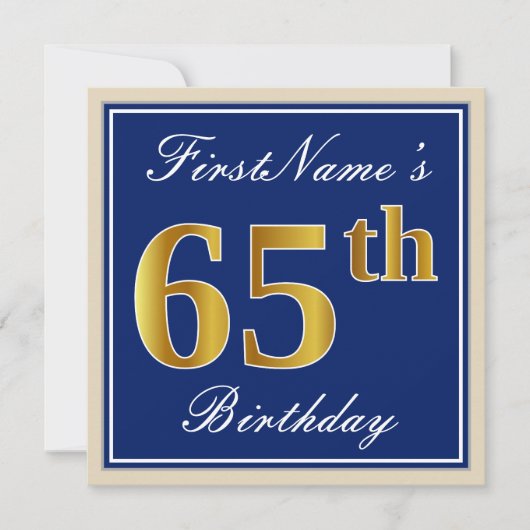 Elegant, blauw, Faux Gold 65th Birthday + naam Kaart (Voorkant)