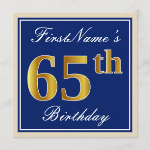 Elegant, blauw, Faux Gold 65th Birthday + naam Kaart