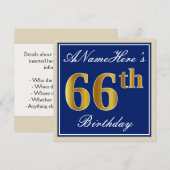 Elegant, blauw, Faux Gold 66th Birthday + naam Kaart (Voorkant / Achterkant)