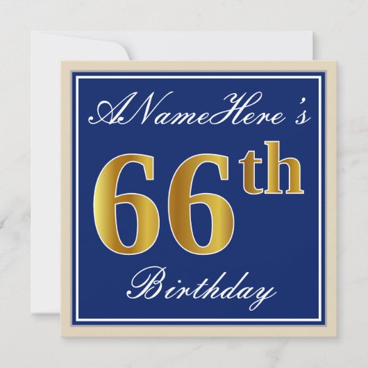 Elegant, blauw, Faux Gold 66th Birthday + naam Kaart (Voorkant)