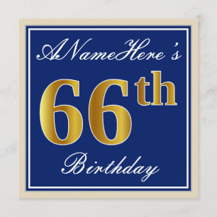 Elegant, blauw, Faux Gold 66th Birthday + naam Kaart