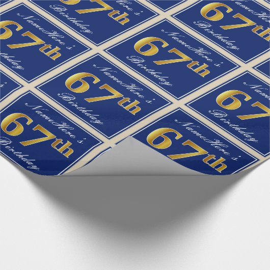 Elegant, blauw, Faux Gold 67th Birthday + naam Cadeaupapier (Hoek)
