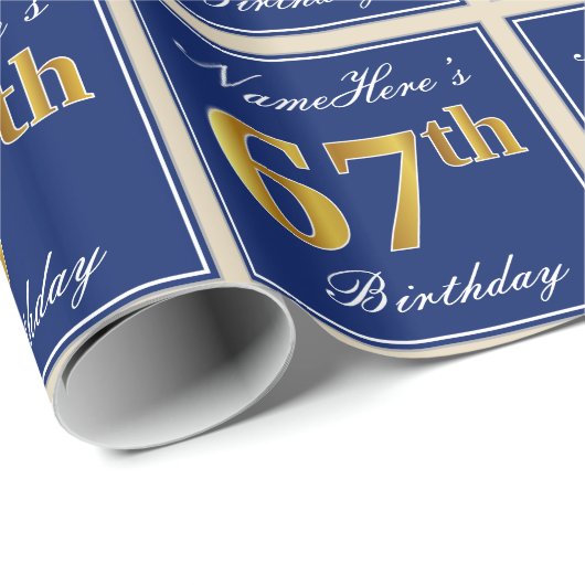 Elegant, blauw, Faux Gold 67th Birthday + naam Cadeaupapier (Rol Hoek)