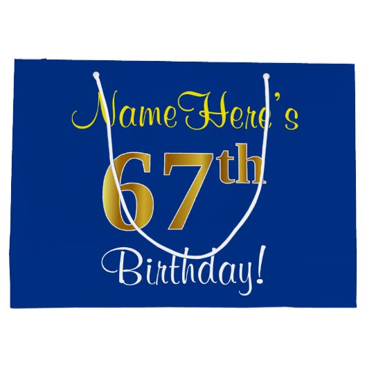 Elegant, blauw, Faux Gold 67th Birthday + naam Groot Cadeauzakje (Achterkant)
