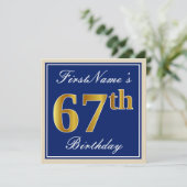 Elegant, blauw, Faux Gold 67th Birthday + naam Kaart (Staand voorkant)