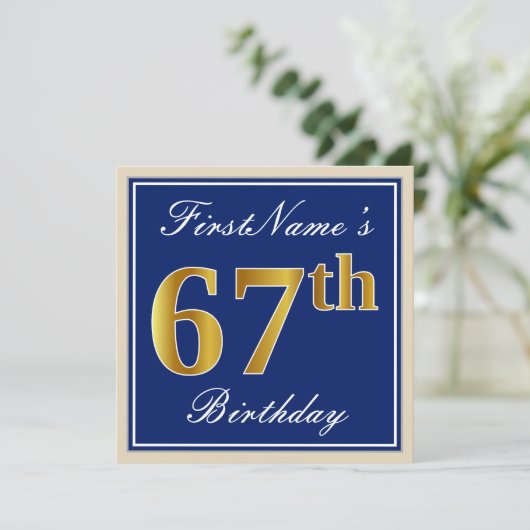 Elegant, blauw, Faux Gold 67th Birthday + naam Kaart (Staand voorkant)