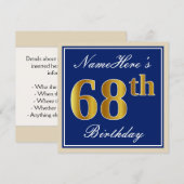 Elegant, blauw, Faux Gold 68th Birthday + naam Kaart (Voorkant / Achterkant)