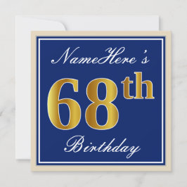Elegant, blauw, Faux Gold 68th Birthday + naam Kaart
