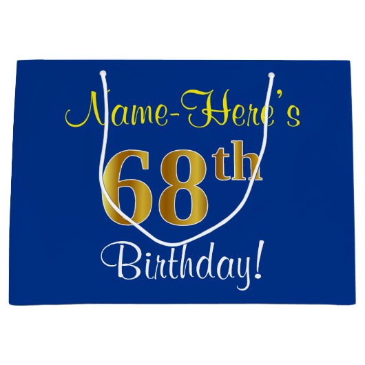 Elegant, blauw, Faux Gold 68th Birthday + naam Large Cadeautasje (Voorkant)