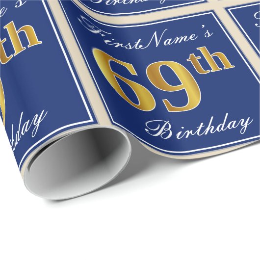 Elegant, blauw, Faux Gold 69th Birthday + naam Cadeaupapier (Rol Hoek)