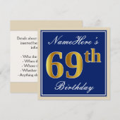 Elegant, blauw, Faux Gold 69th Birthday + naam Kaart (Voorkant / Achterkant)