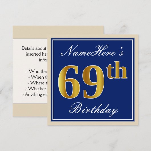 Elegant, blauw, Faux Gold 69th Birthday + naam Kaart (Voorkant / Achterkant)