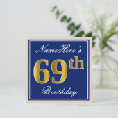 Elegant, blauw, Faux Gold 69th Birthday + naam Kaart (Staand voorkant)