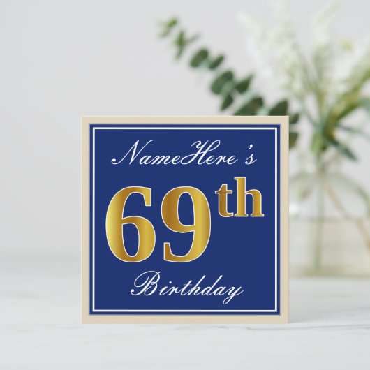 Elegant, blauw, Faux Gold 69th Birthday + naam Kaart (Staand voorkant)
