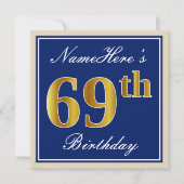 Elegant, blauw, Faux Gold 69th Birthday + naam Kaart (Voorkant)