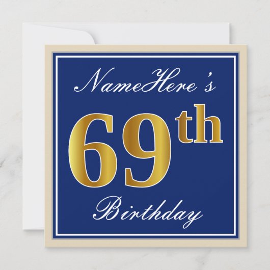 Elegant, blauw, Faux Gold 69th Birthday + naam Kaart (Voorkant)