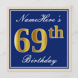 Elegant, blauw, Faux Gold 69th Birthday + naam Kaart