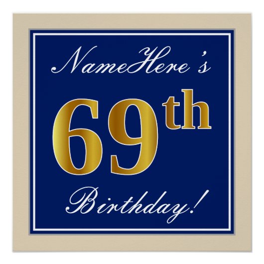 Elegant, blauw, Faux Gold 69th Birthday + naam Poster (Voorkant)