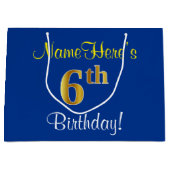 Elegant, blauw, Faux Gold 6th Birthday; aangepaste Large Cadeautasje (Voorkant)