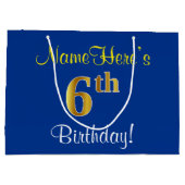 Elegant, blauw, Faux Gold 6th Birthday; aangepaste Large Cadeautasje (Achterkant)
