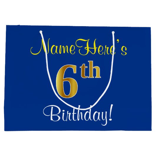 Elegant, blauw, Faux Gold 6th Birthday; aangepaste Large Cadeautasje (Achterkant)