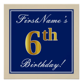 Elegant, blauw, Faux Gold 6th Birthday; aangepaste Perfect Poster