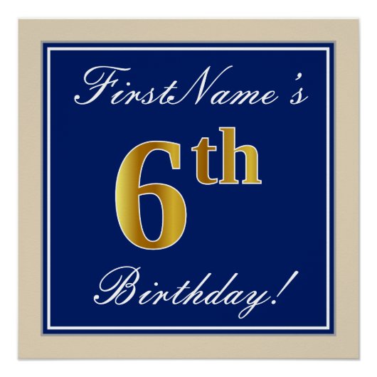 Elegant, blauw, Faux Gold 6th Birthday; aangepaste Perfect Poster (Voorkant)