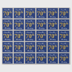 Elegant, blauw, Faux Gold 70th Birthday + naam Cadeaupapier