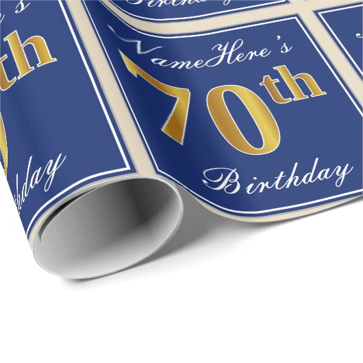Elegant, blauw, Faux Gold 70th Birthday + naam Cadeaupapier (Rol Hoek)