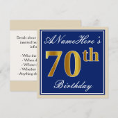 Elegant, blauw, Faux Gold 70th Birthday + naam Kaart (Voorkant / Achterkant)