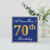 Elegant, blauw, Faux Gold 70th Birthday + naam Kaart (Staand voorkant)