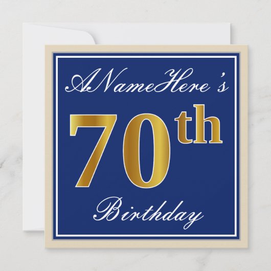 Elegant, blauw, Faux Gold 70th Birthday + naam Kaart (Voorkant)