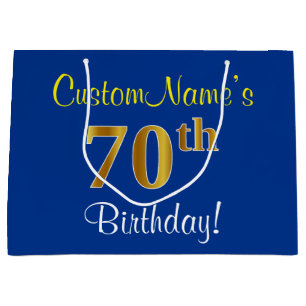 Elegant, blauw, Faux Gold 70th Birthday + naam Large Cadeautasje