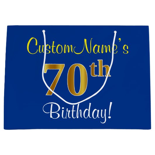 Elegant, blauw, Faux Gold 70th Birthday + naam Large Cadeautasje (Voorkant)