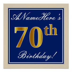 Elegant, blauw, Faux Gold 70th Birthday + naam Perfect Poster