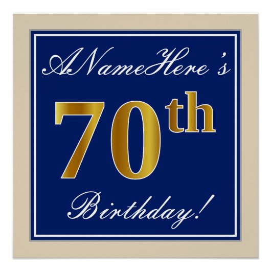Elegant, blauw, Faux Gold 70th Birthday + naam Perfect Poster (Voorkant)