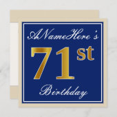 Elegant, blauw, Faux Gold 71st Birthday + naam Kaart (Voorkant / Achterkant)