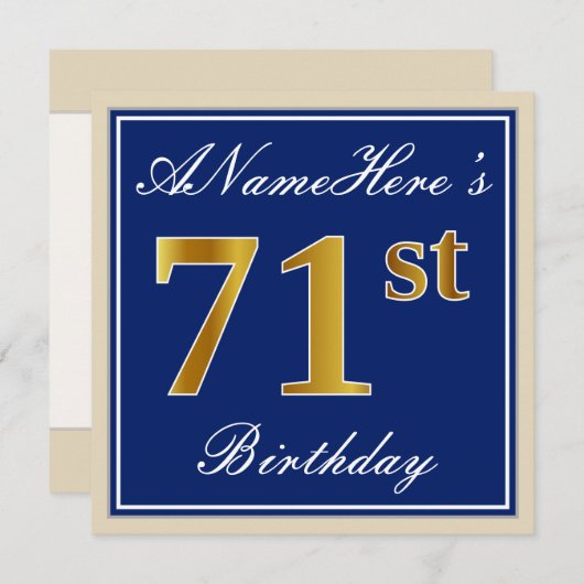 Elegant, blauw, Faux Gold 71st Birthday + naam Kaart (Voorkant / Achterkant)