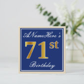 Elegant, blauw, Faux Gold 71st Birthday + naam Kaart (Staand voorkant)