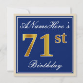 Elegant, blauw, Faux Gold 71st Birthday + naam Kaart (Voorkant)