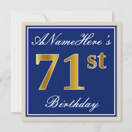 Elegant, blauw, Faux Gold 71st Birthday + naam Kaart