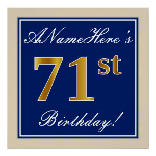 Elegant, blauw, Faux Gold 71st Birthday + naam Perfect Poster