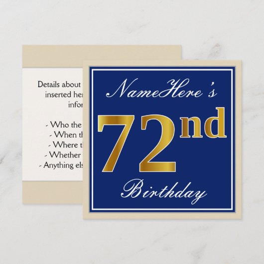 Elegant, blauw, Faux Gold 72e verjaardag + naam Kaart (Voorkant / Achterkant)